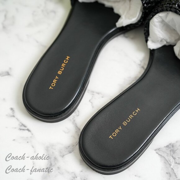 NIB Tory Burch Everly Slide Crochet Lacquered Raffia in Black Size 7/7.5 - Picture 5 of 8